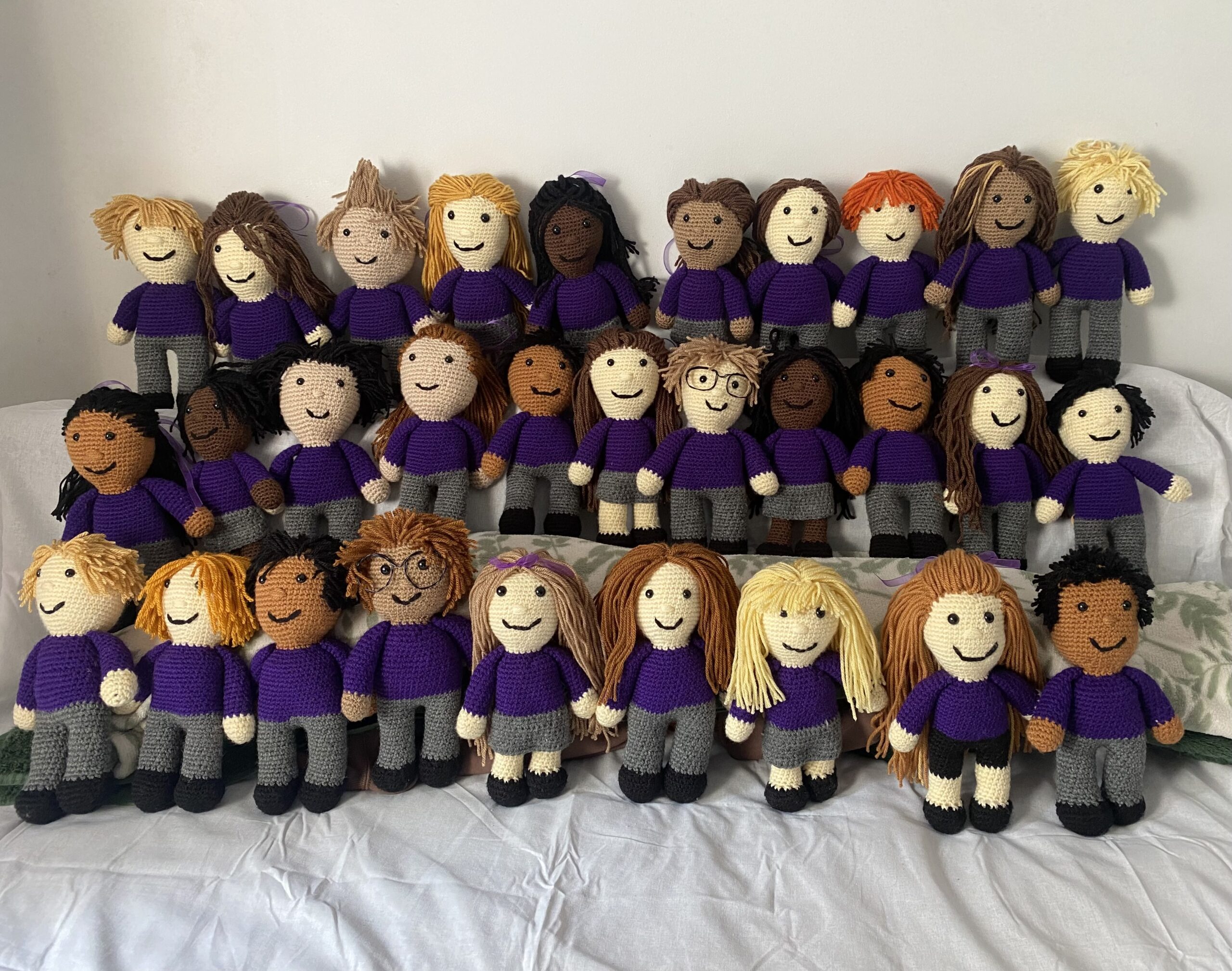 Sara's crocheting skills - she created 30 personalised dolls for her class.