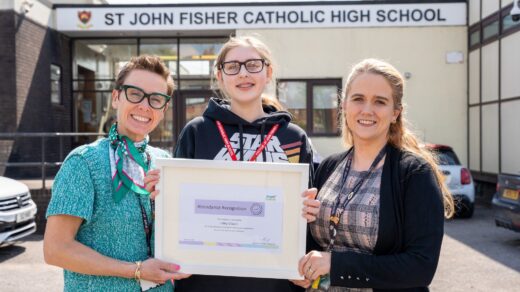 SJF Headteacher Mrs Rigby and Attendance and Punctuality Officer Mrs Bate presented Libby with her award.