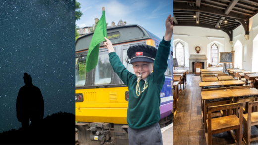 Anniversaries: Person stargazing; a child smiling with a train behind them; Jane Austen's school room